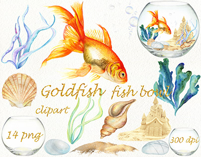 Goldfish in Fish Bowl, Clipart, Watercolor