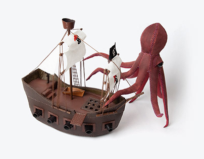 Leather pirate ship and kraken