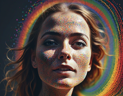 A girl in colored dots