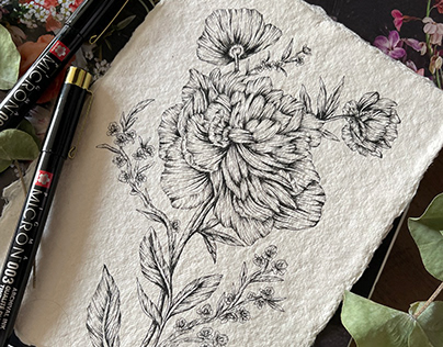Hand Drawn Ink Florals On Hand Made Paper