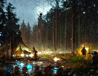 Forest, rain, dark, trees, moonlight