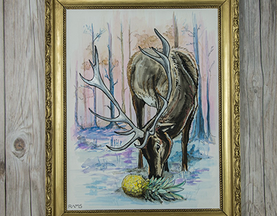 Hungry deer - watercolor painting