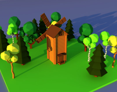 Cute cartoon wooden village windmill