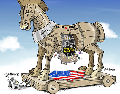 Biden and Harris Trojan Horse Political Cartoon