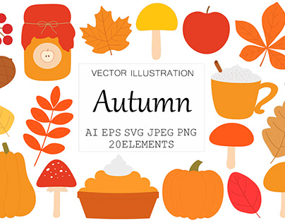 Autumn graphic. Autumn leaves. Pumpkin mushrooms