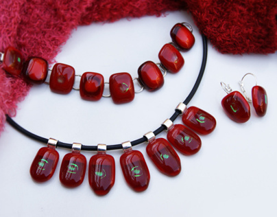 Cherry in Red Wine - fused glass jewelry set