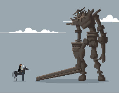 Shadow of the colossus pixel art with gridlines by