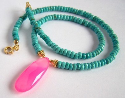 Turquoise and Pink Chalcedony Necklace in Gold