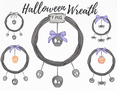 Happy Halloween Wreath Clipart, Spiders, Black Skull