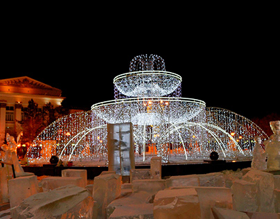 ледовый фонтан в Чите, ice fountain in the city
