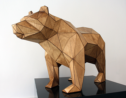 geometric wooden bear sculpture