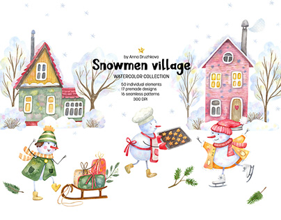 Snowmen Village Winter Watercolor Collection