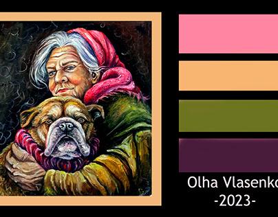 Portrait oil painting: Old dog and grandmother, love