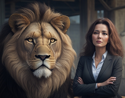 Businesswoman and Lion