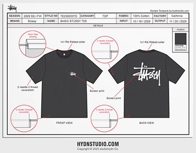 Stussy Tee Design Reference Tech Pack