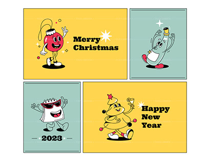Funny cartoon characters New Year, Christmas greetings