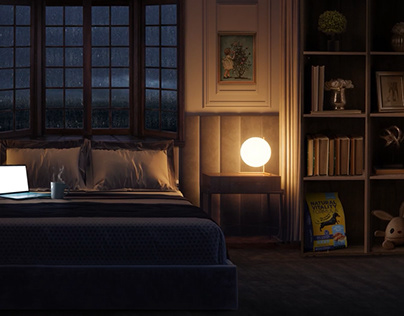 A cozy room on a stormy night