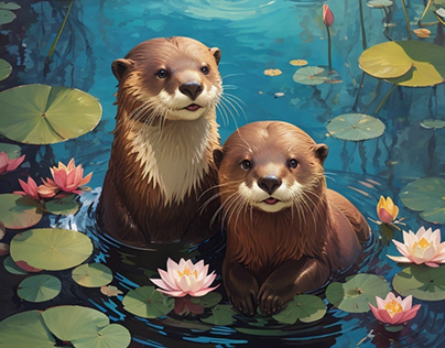 oilpainting two cute otters holding hands while