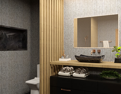Banheiro moderno em cores escuras e painel de madeira