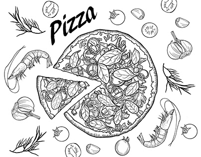 Line drawing sketch pizza illustrations