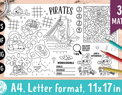 Pirate coloring activity mats for kids