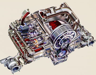 ROAD & TRACK  RUF Porsche Engine Illustration