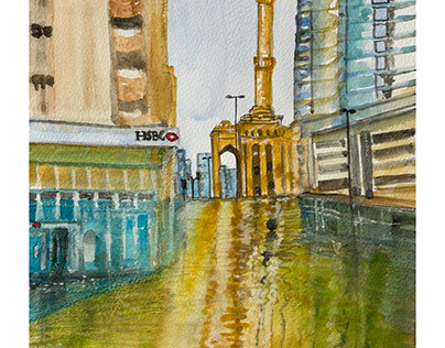 Rainy Day in Sharjah - Watercolor painting