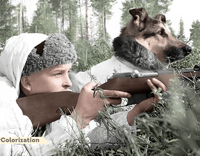 Colorization: Finnish soldier with his dog