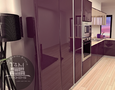 Kitchen with Purple/Beige gloss lacquered colours.