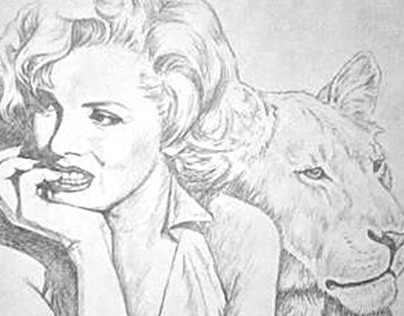 Marilyn Monroe with Lion - drawing by S. Fairbanks