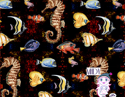 Sea world pattern on the dark background
