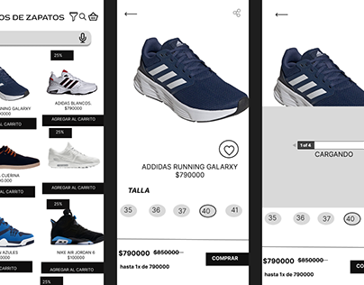 Diseño ux de aplicación de tienda de zapatos online.