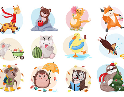 Collection of cute animals for every season.