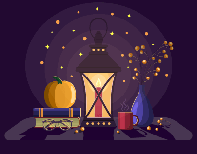 Illustration. Evening still life with a lantern.