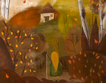 Little girl in forest illustration
