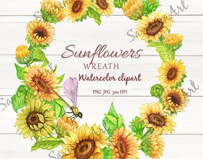 Watercolor Flower , Watercolor sunflower, gold frame.