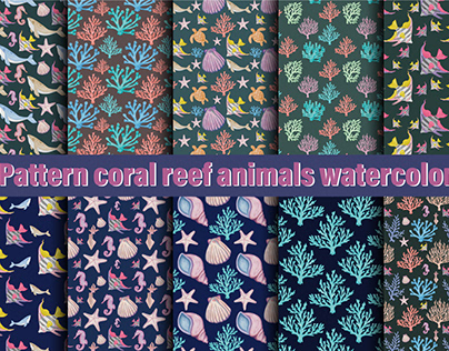 Pattern coral reef animals watercolor Art