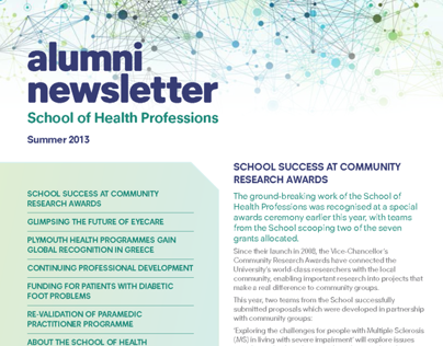 Newsletter design for Plymouth University alumni