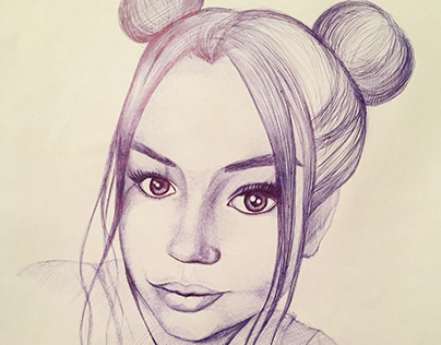 Beautiful Girl Portrait Drawing with Blue Ballpoint Pen