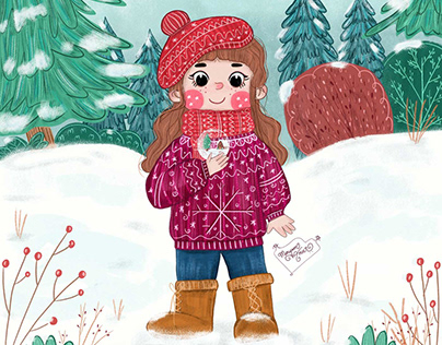 Cute Little Girl with Snow Globe - Winter Illustration