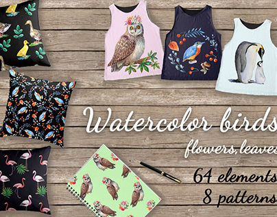 Watercolor patterns with birds.