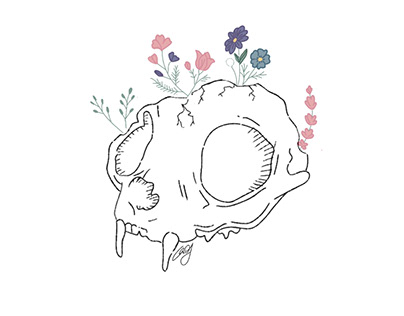 Cat Skull and Flowers