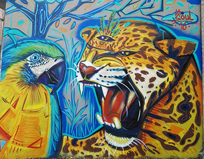 Street art Jaguar y Guacamaya