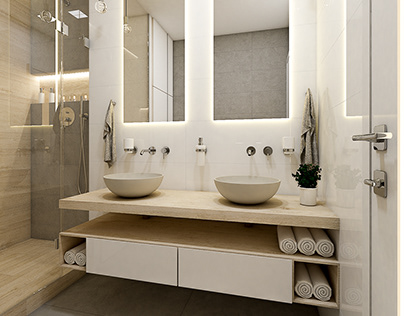 Scandinavian bathroom with wood and concrete elements