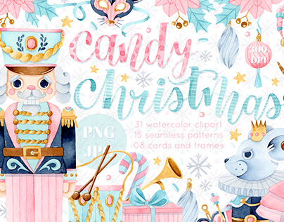 Nutcracker and candy Christmas watercolor clipart