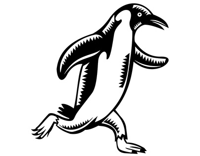 Gentoo Penguin Running Woodcut