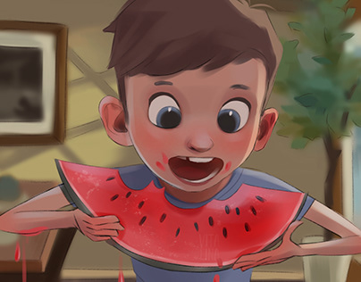 Children's illustration A boy eats a watermelon