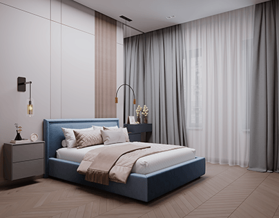 bedroom in blue and beige tones