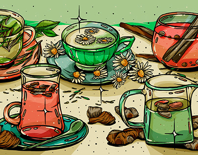 Health Benefits of Teas - Editorial Illustration