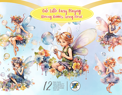 Cute Little Fairy Playing Blowing Bubbles Spring Floral